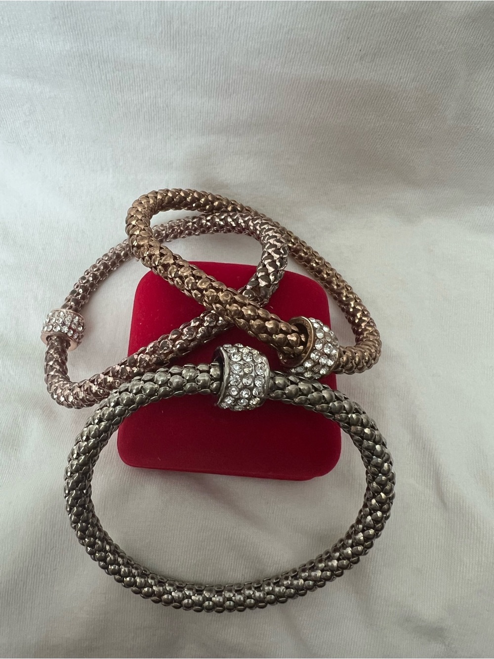Rhodium and Rose Gold Crystal Clasp Mesh Bracelets - Women set of 3